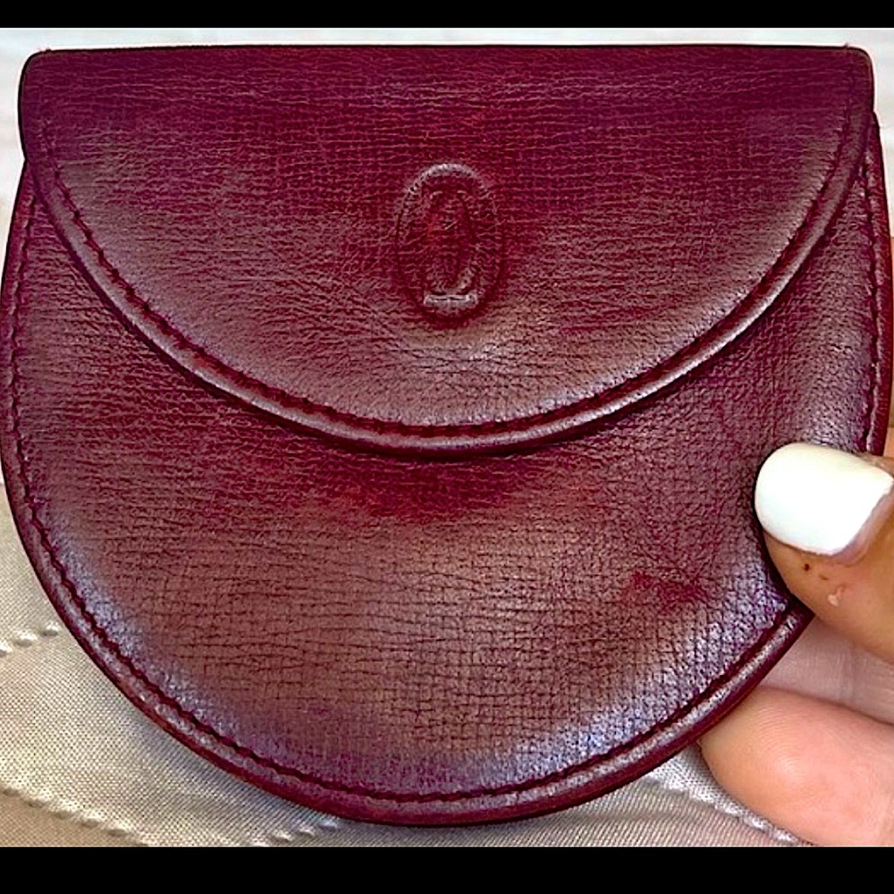 Authentic Vintage Rare Cartier Coin Pouch In Signature Maroon Color w/ box & bag